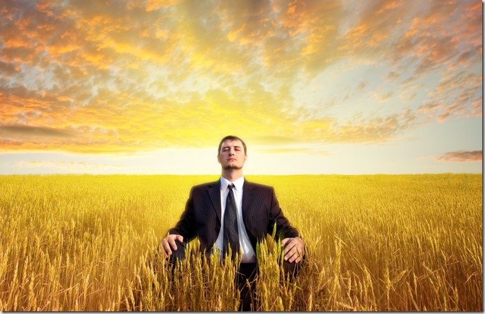 businessman sitting on filed in lotus pose, sunset time; Shutterstock ID 111719189; PO: aol; Job: production; Client: drone