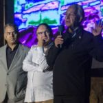 Officials speak in front of the great pyramid of Khufu in Giza.