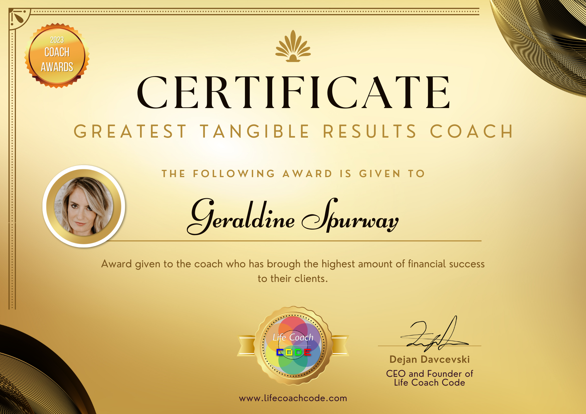 Coach Awards GREATEST tangible results coach
