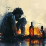 Glasses and bottles of strong alcohol near a person, Concept: illustration of alcohol addiction, problems and depression
