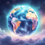 Earth in space with glowing clouds and stars, symbolizing global consciousness and personal growth.